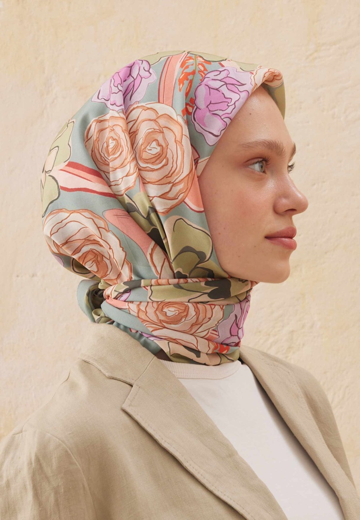 Peach Floral Silk Satin Long Scarf - Elizabetta